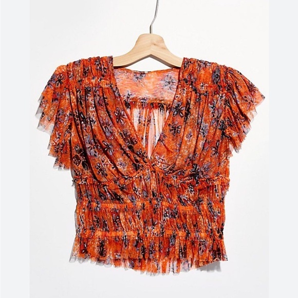 Free people orange ruched deep V-neck top - Picture 7 of 7